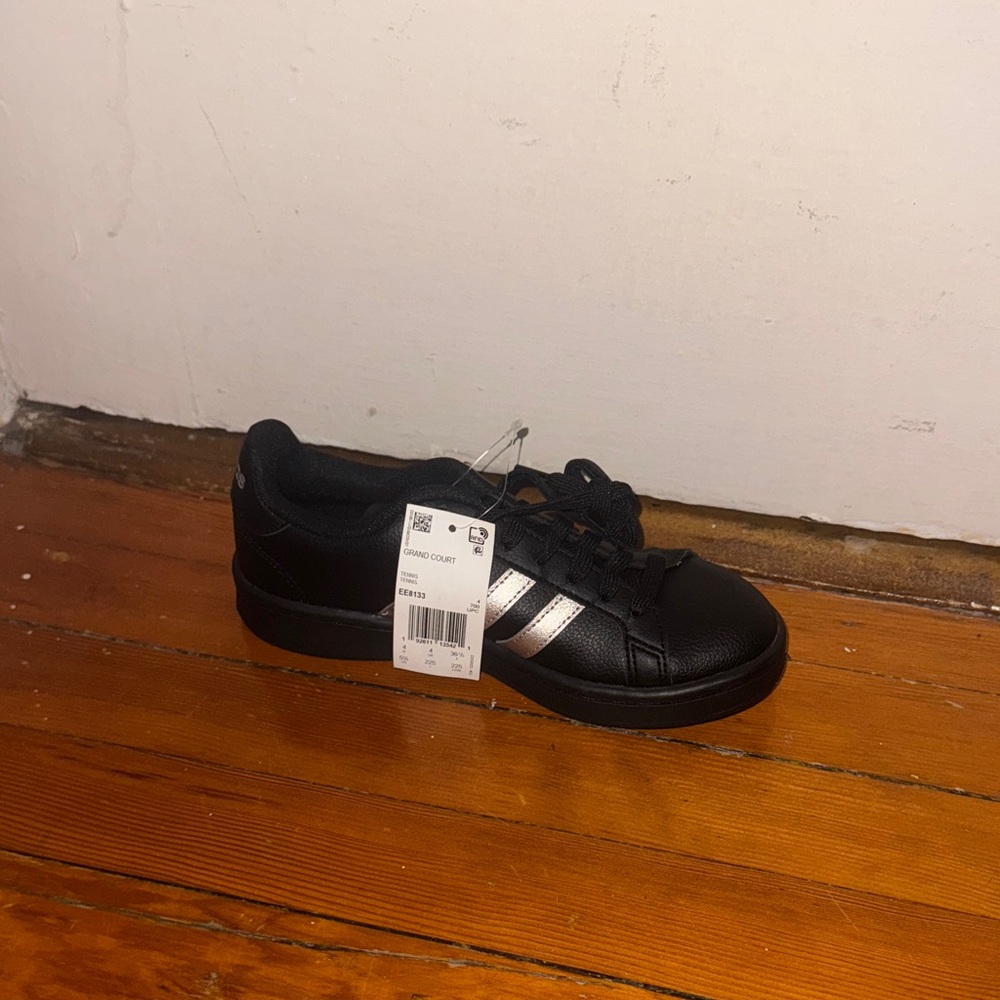 adidas Kids Black Sneakers with Silver Stripes